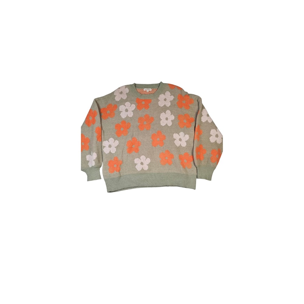 Newbury Kustom Floral Crewneck Sweater Sage Green Orange Large Retro Pullover